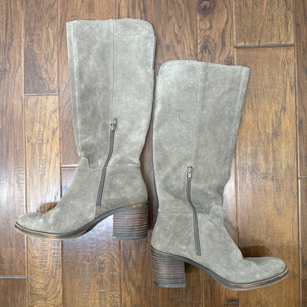 Lucky Brand Suede Leather Riding Boots Ritten Womens 8.5 Mushroom Tan Block Heel